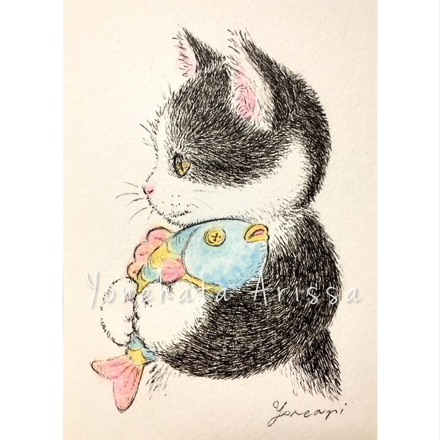 原画作品「お魚ぬいぐるみとはちわれ猫」