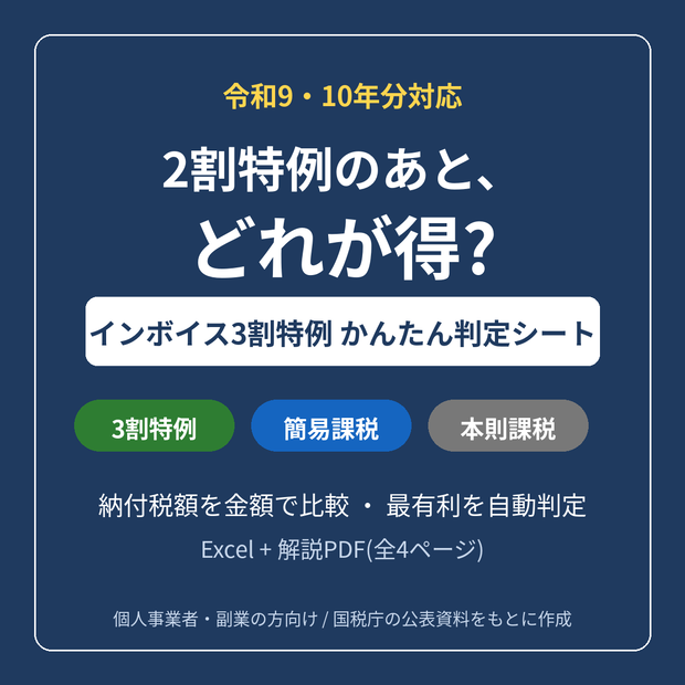 【令和9・10年分対応】インボイス3割特例 かんたん判定シート｜3割特例・簡易課税・本則課税を金額で比較【Excel+解説PDF】