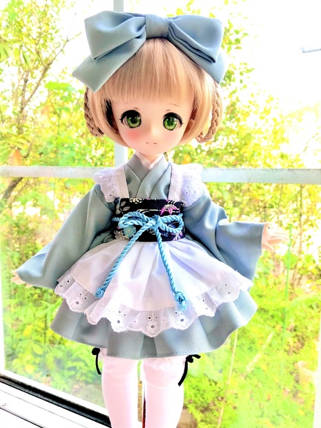 ■KUMAKOちゃん＆MDDさん(40cmドール）用ミニ丈着物メイド服セット(水色)