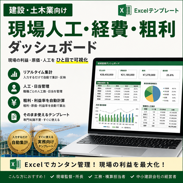 建設・土木向け 現場人工・経費・粗利ダッシュボード