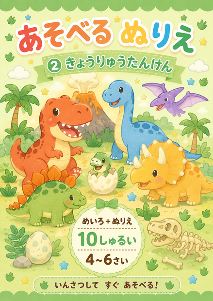 あそべるぬりえ② きょうりゅうたんけん｜めいろ＋ぬりえ10しゅるい｜4〜6さい