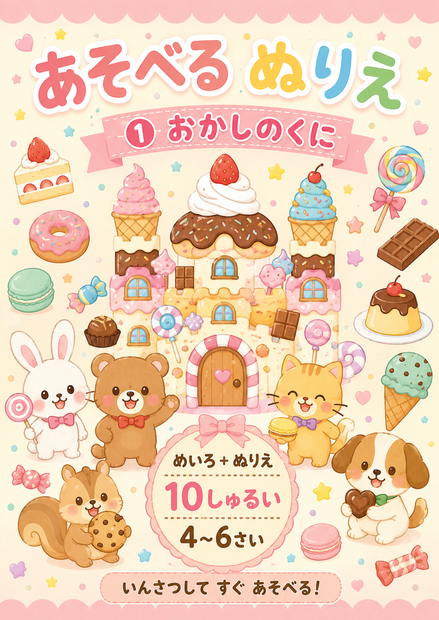 あそべるぬりえ① おかしのくに｜めいろ＋ぬりえ10しゅるい｜4〜6さい