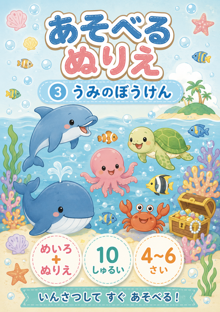 あそべるぬりえ③ うみのぼうけん｜めいろ＋ぬりえ10しゅるい｜4〜6さい