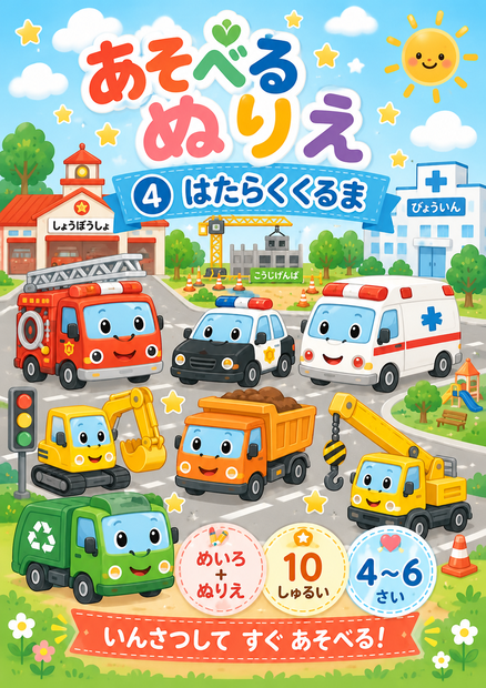 あそべるぬりえ④ はたらくくるま｜めいろ＋ぬりえ10しゅるい｜4〜6さい