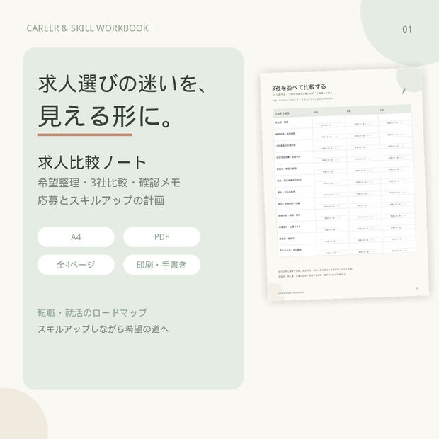 求人比較ノート｜転職・就活の3社比較＆希望条件整理シート【PDF・全4ページ】