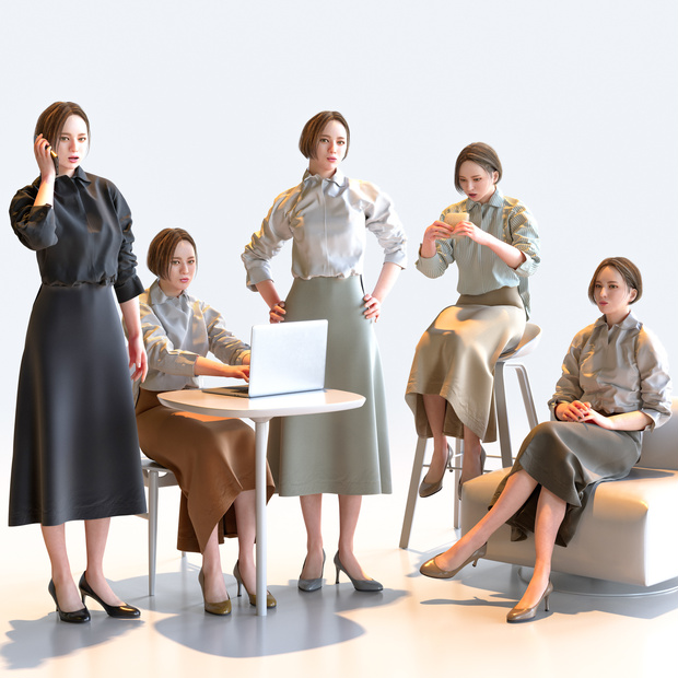 ビジネス女性 5ポーズセット 5 - B1-F5F【3D人物モデル/人間3Dモデル】