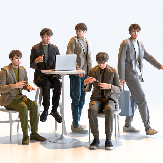 カジュアル男性 5ポーズセット1 - C1-M1S【3D人物モデル/人間3Dモデル】