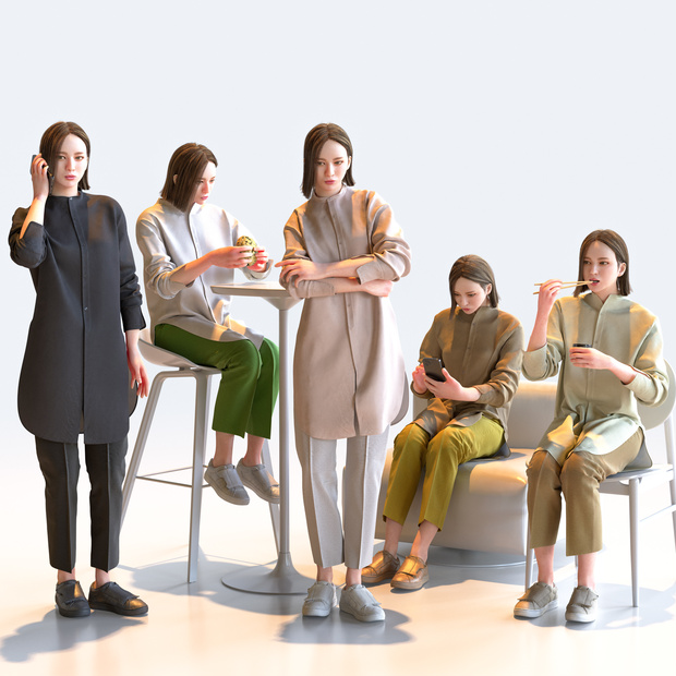 カジュアル女性 5ポーズセット 3 - C1-F3F【3D人物モデル/人間3Dモデル】
