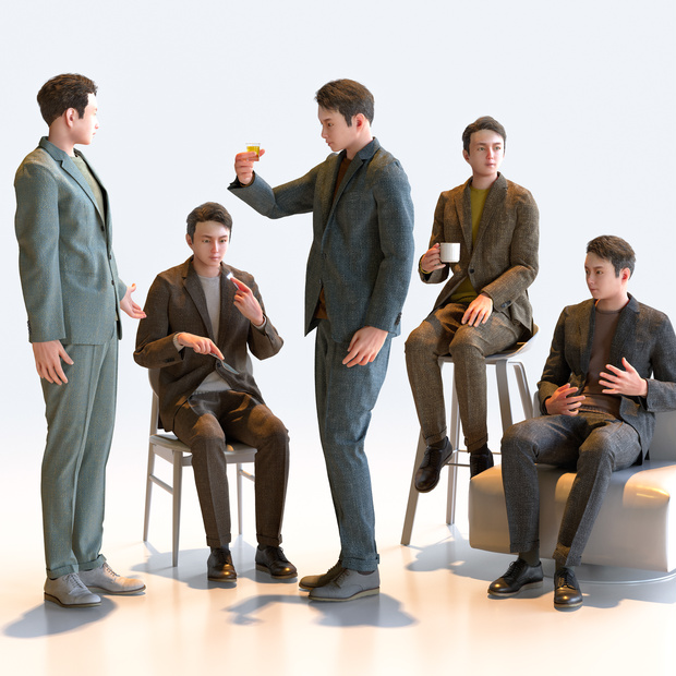 スマートカジュアル男性 5ポーズセット2 - S1-M2Y【3D人物モデル/人間3Dモデル】