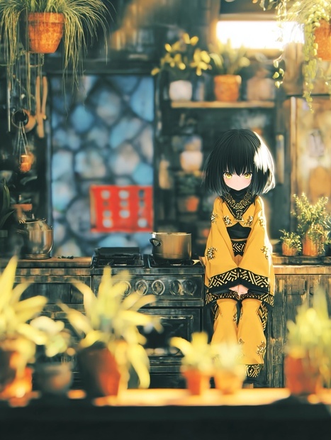 黒髪ボブの少女と朝のチルキッチン｜高精細プロンプト＋Niji profile付き