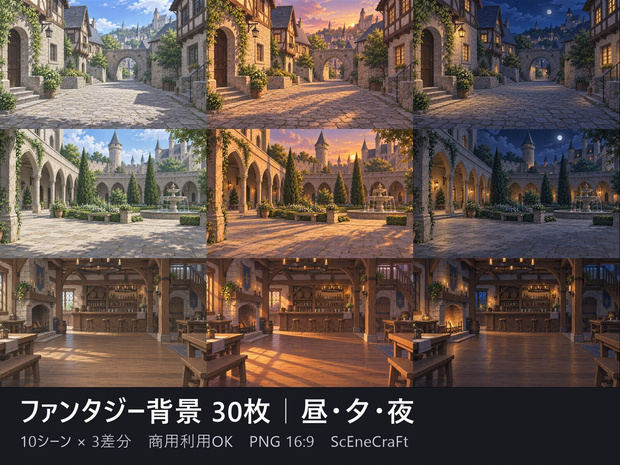 【商用OK】ファンタジー背景素材 30枚 ―昼・夕・夜― 