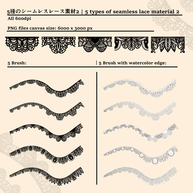 5種のシームレスレース素材とブラシ2│5 types of seamless lace and blushes 2