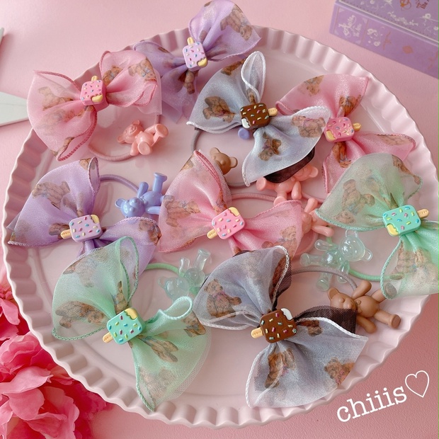 ✗】チュールとお花のリボンヘアゴムハートパーツ