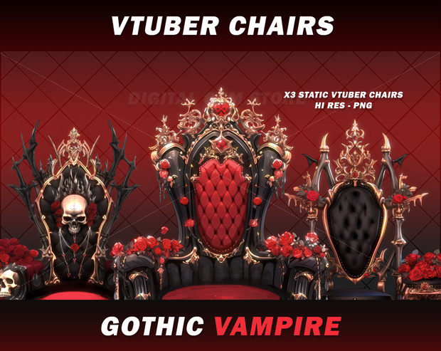 3x Vtuber Gaming Chair, Gothic vampire, red rose, romantic, assets, VTuber, horror, halloween, red, black, gold