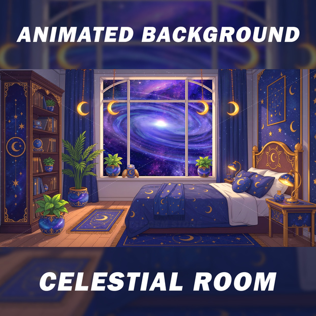 Animated vtuber background, Celestial Room, Cosmic Background, stars, crescent, moon 