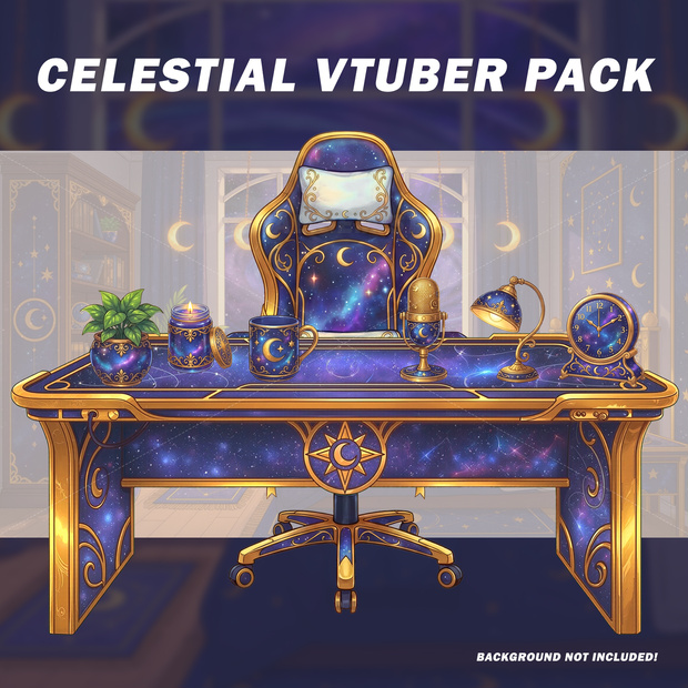 Celestial VTuber Room Asset Pack | Cosmic Stars | Gaming Chair, Desk, Microphone | VTuber Props | Overlay - 2D Streaming Kit