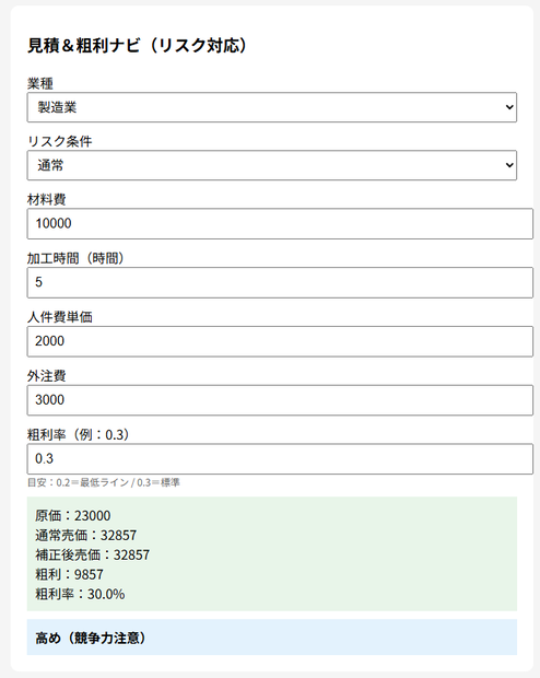 新人でも粗利を外さない 見積＆粗利ナビツール（リスク対応・業種切替）