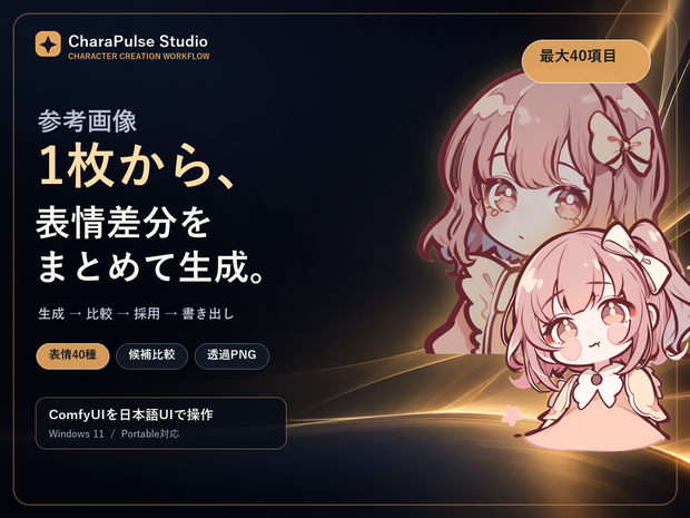 【参考画像1枚から表情差分40種】CharaPulse Studio｜ComfyUI日本語GUI