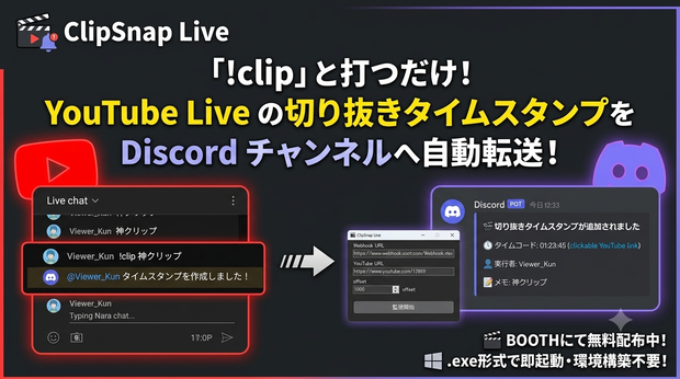 【YouTube Live対応】チャットコマンドでDiscordへ自動転送！切り抜きタイムスタンプ作成ツール『ClipSnap Live』