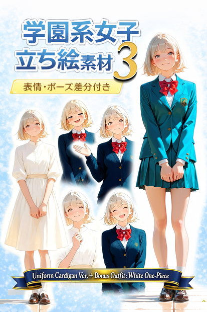 【AI生成】オリジナル立ち絵素材｜制服の女の子（差分あり）｜Vol.3