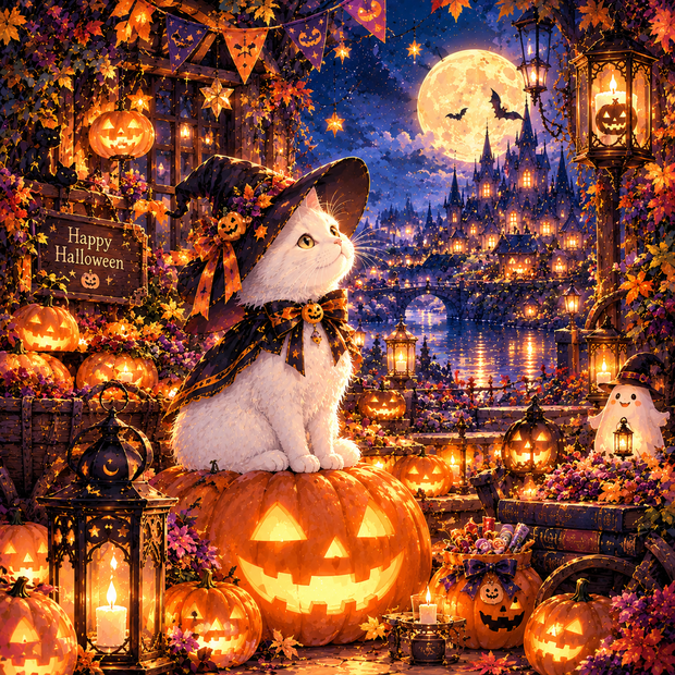【無料配布】🌙 月夜の白猫_かぼちゃランタンの夜_ハロウィンデザインペーパー🎃