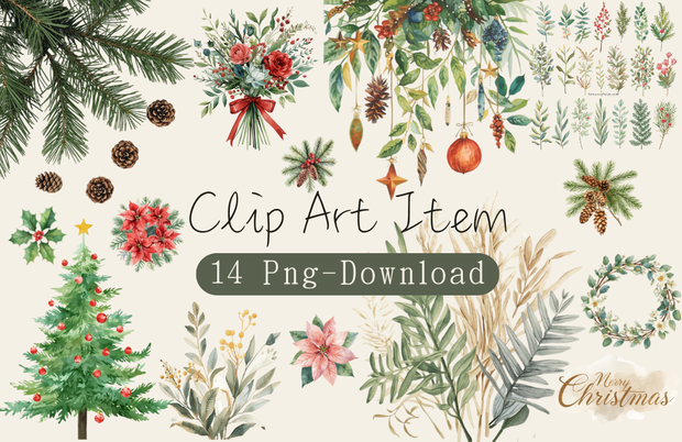 水彩画風 クリスマスボタニカル クリップアートセット｜全14種｜背景透過｜Canva AI制作｜おしゃれな冬の植物素材集（PDFダウンロード）