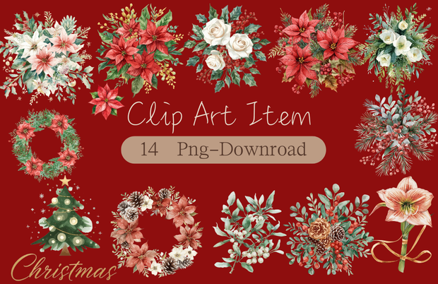 水彩画風 クリスマスフラワー クリップアート素材集（15種）｜透過PNG・PDFダウンロード可  Watercolor Christmas Floral Clipart Set (15 Designs) | Transparent PNG & PDF Download  