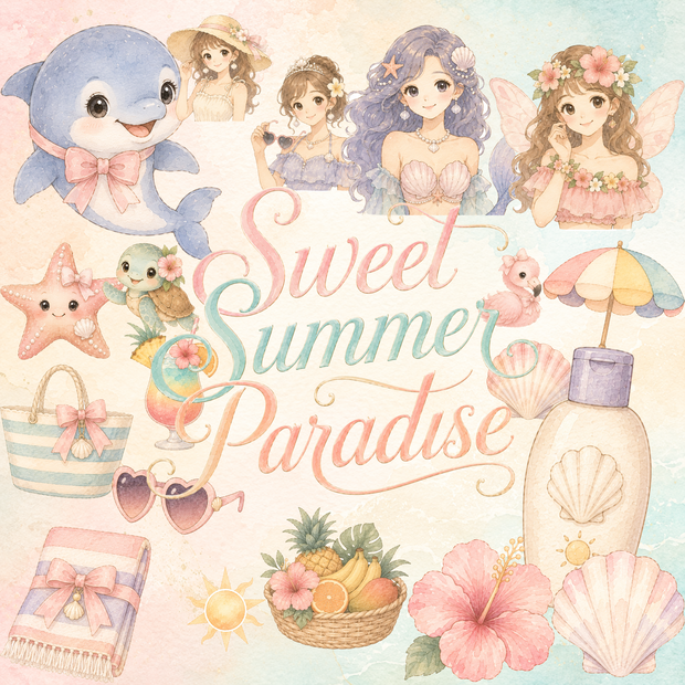 スイートサマー 水彩クリップアートセット マーメイド イルカ ビーチ 貝殻 トロピカル 夏 PNG素材 スクラップブック ベビーシャワー デジタルダウンロード