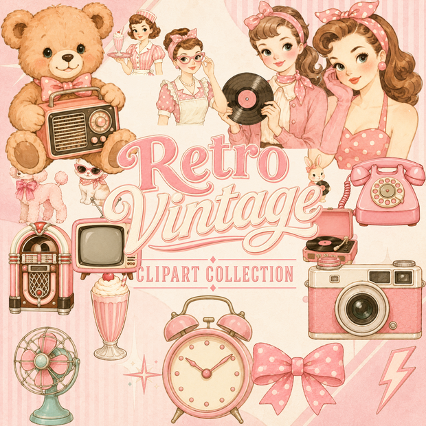 レトロヴィンテージ 水彩クリップアートセット 50's ダイナー ピンナップガール テディベア レコード レトロ家電 PNG素材 スクラップブック デジタルダウンロード