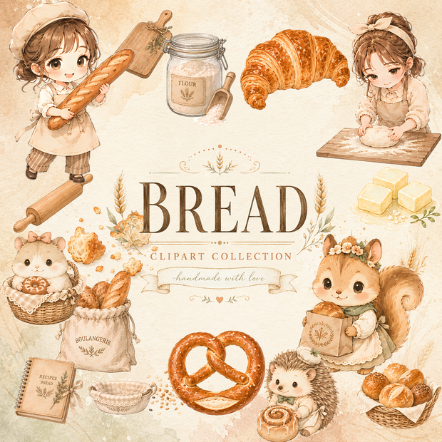 焼きたての香りに癒される♪パン屋さんクリップアート｜動物とパンのPNG素材・Canvaで使えるデジタル素材