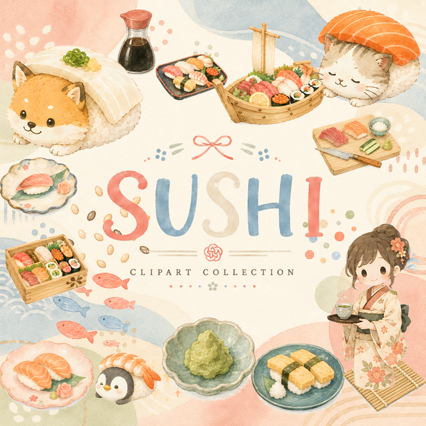 お寿司クリップアート素材集｜かわいい和食イラスト｜PNGデジタル素材
