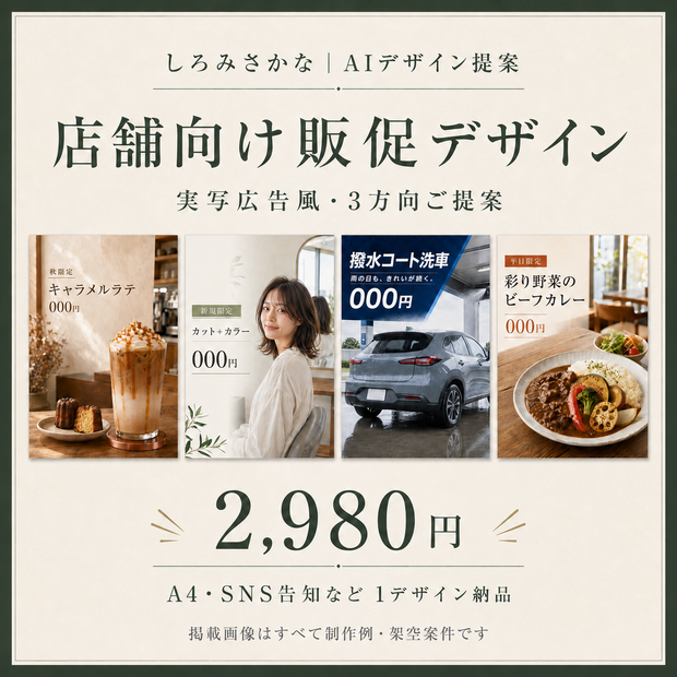 【デザイン制作・お試し価格】販促画像を5案ご提案｜店舗POP・SNS画像｜生成AI使用