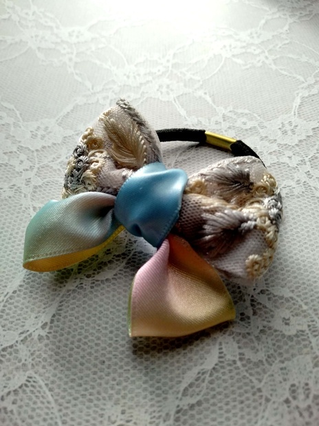 大人可愛いリボンヘアゴム☆インド刺繍リボン×ペタシャムリボンP149