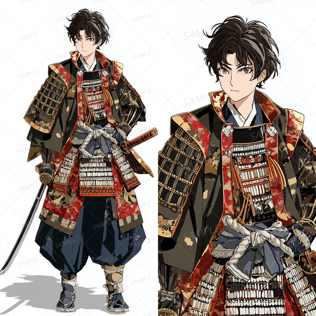 A0061：赤と黒の戦国鎧をまとった刀使いの青年[立ち絵・縦画面]