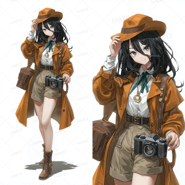 A0090：カメラを下げたトレンチコートの黒髪少女[立ち絵・縦画面]