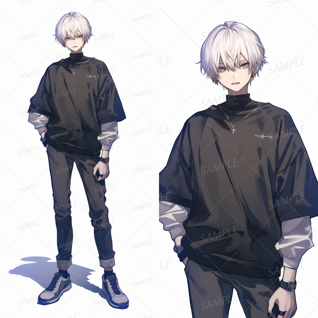 A0094：シンプルなモノトーンコーデの白髪少年[立ち絵・縦画面]