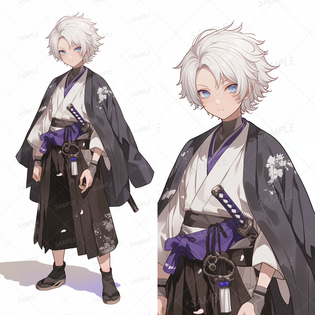 A0097：白髪で青い目のサムライ少年[立ち絵・縦画面]