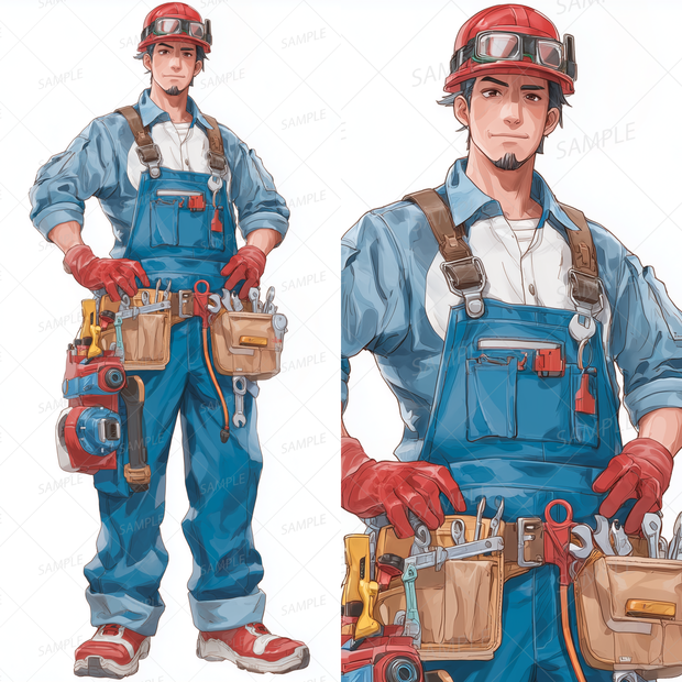 A0167：赤ヘルメットと青オーバーオールの作業員男性[立ち絵・縦画面]