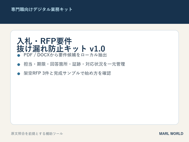 入札・RFP要件抜け漏れ防止キット v1.0｜PDF・DOCX抽出＋Compliance Matrix