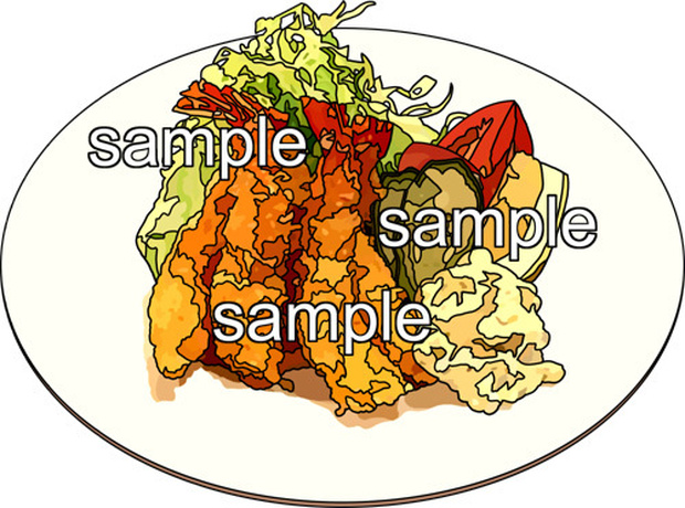 料理エビフライのイラストです。背景透明切り抜き画像