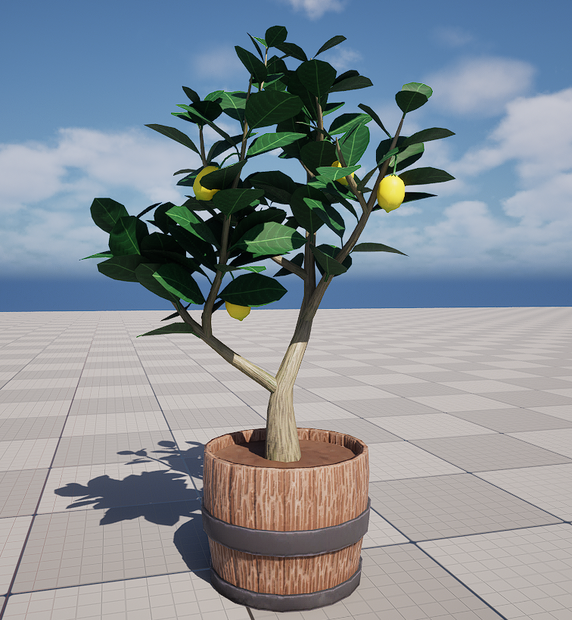 樽をリメイクしたプランターに植えられたレモンの木