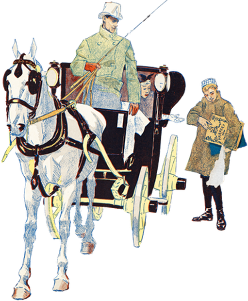 PNG画像：馬車と雑誌売りの少年アンティークイラスト