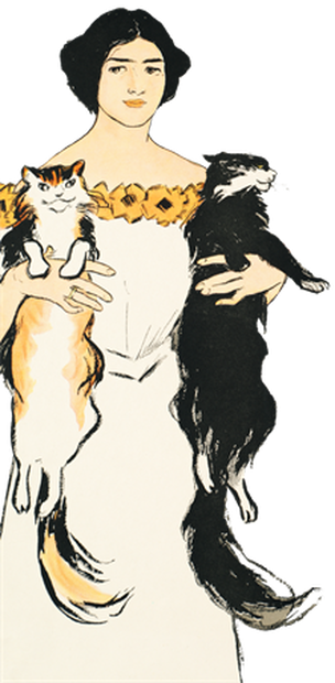 PNG画像：2匹の飼い猫と淑女 レトロイラスト
