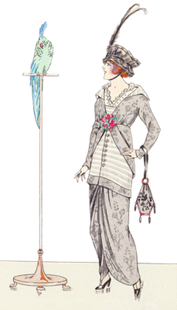 PNG画像：オウムに話しかける貴婦人 アンティークイラスト