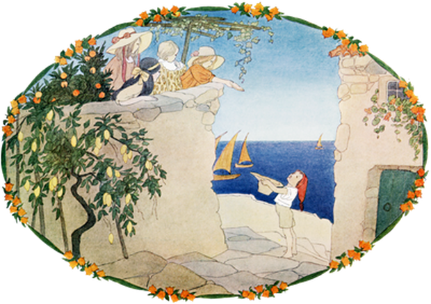 PNG画像：海辺の村の子供たち アンティークイラスト