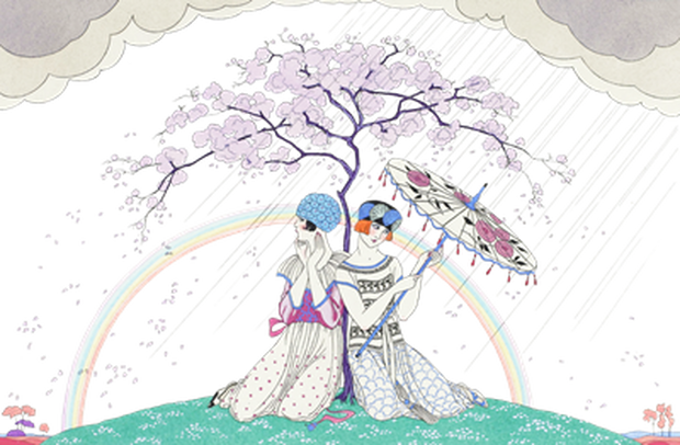 PNG画像：桜と天気雨アンティークイラスト