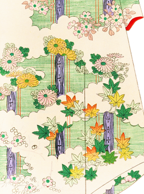 PNG画像：大正時代着物デザイン 白雲と小花 アンティークイラスト