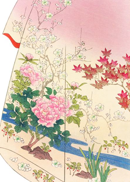 PNG画像：大正時代着物デザイン 日本庭園 アンティークイラスト