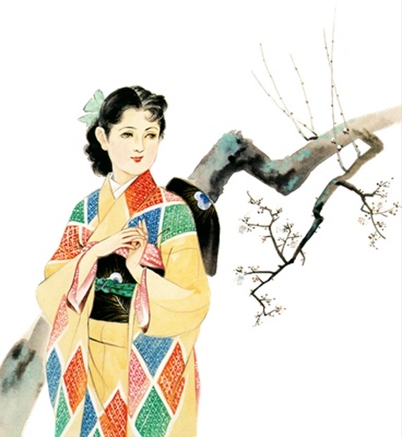 PNG画像｜大正時代の和服お嬢様アンティークイラスト素材