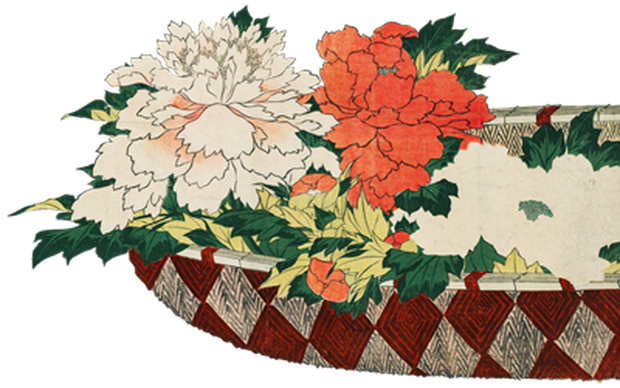 PNG画像｜牡丹の花籠　浮世絵アンティークイラスト素材